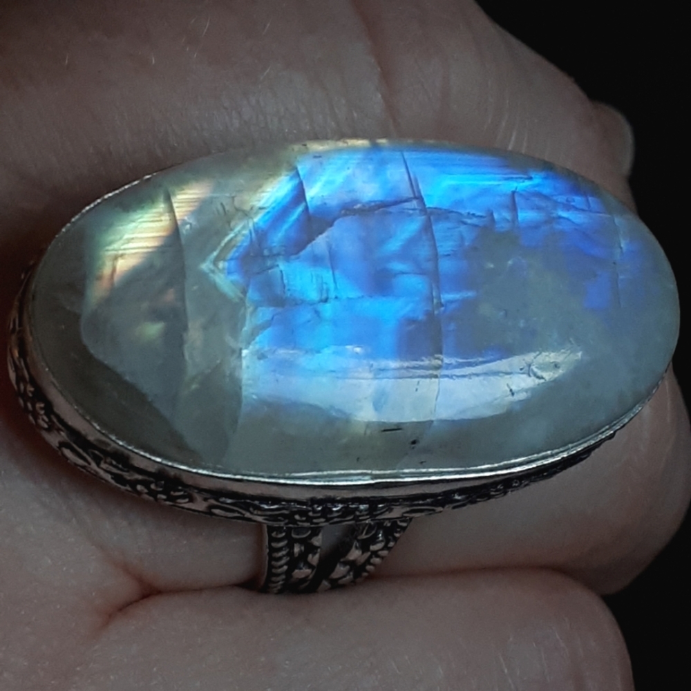 Large Rainbow Moonstone Ring, sz 9
